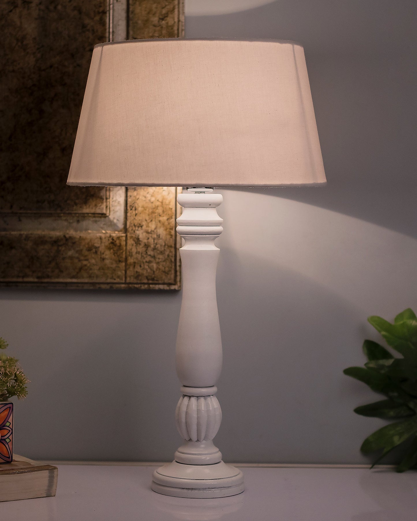 Classic Victorian White Wood Table Lamp With Shade
