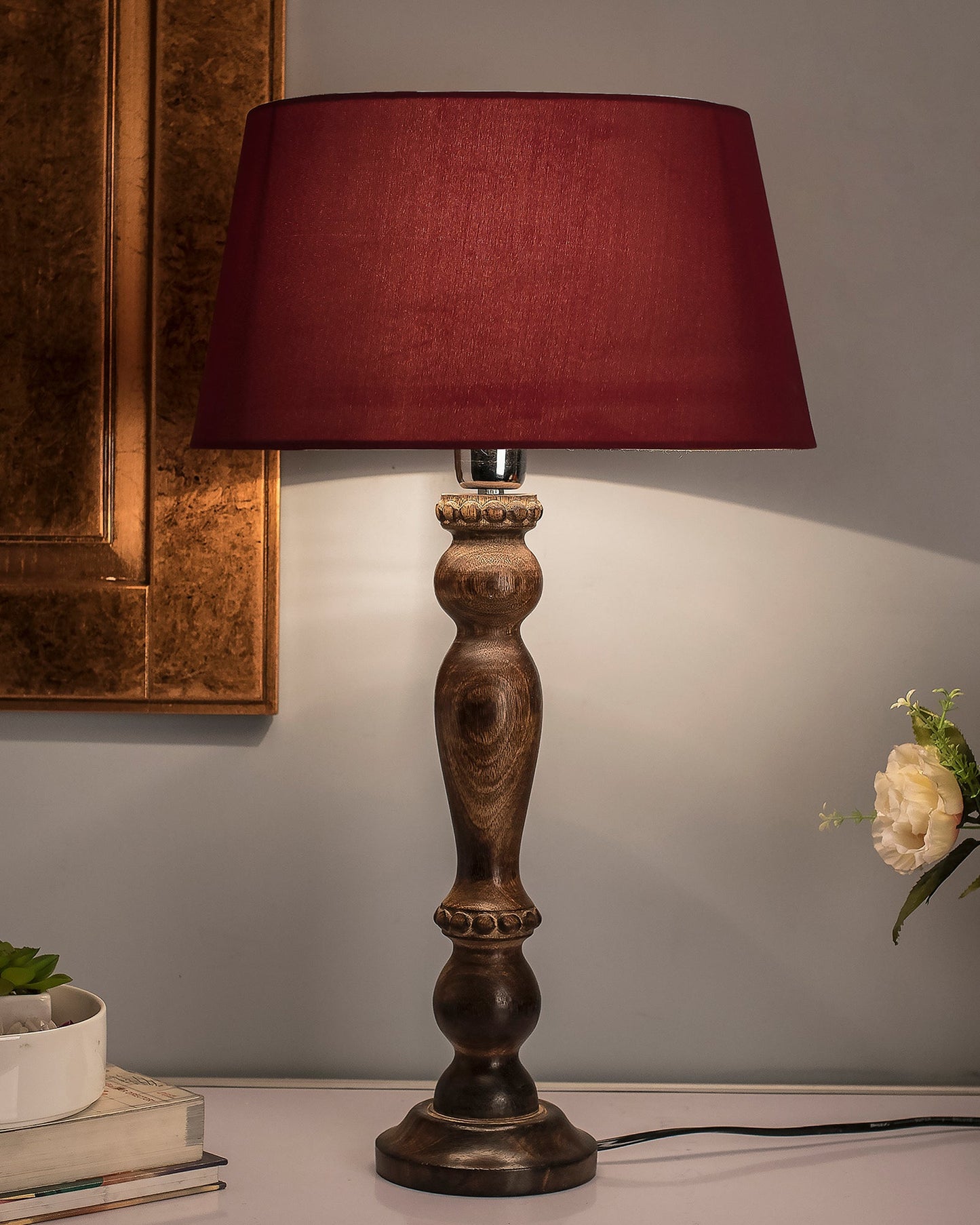 Classic Victorian Black Wood Table Lamp With Shade