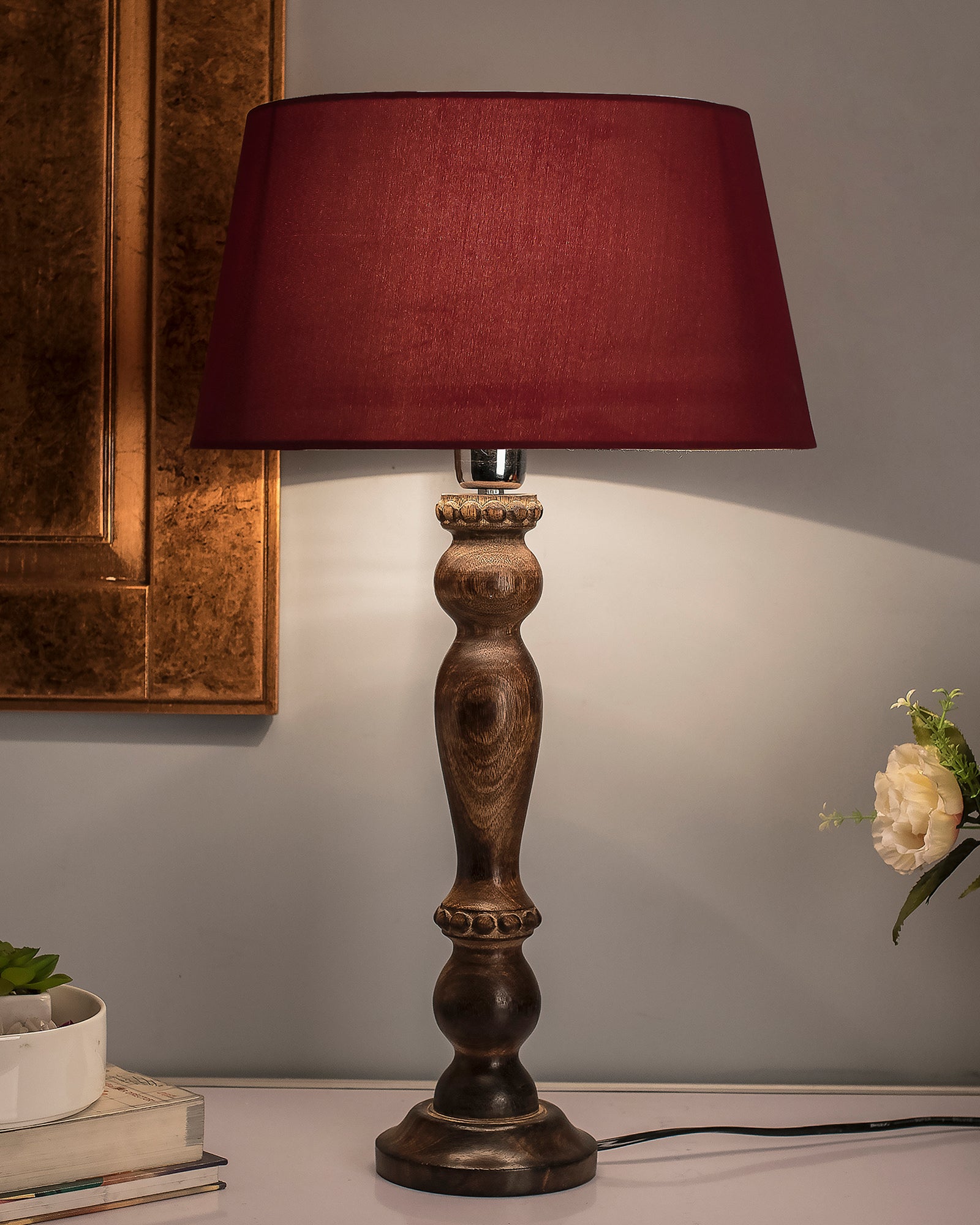 Classic Victorian Black Wood Table Lamp With Shade
