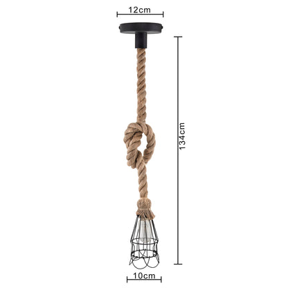 Rustic Hanging Rope filament lamp with cage, retro pendant light, with filament bulb T45