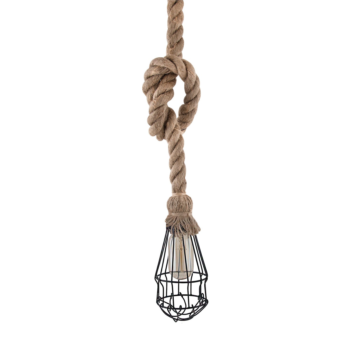 Rustic Hanging Rope filament lamp with cage, retro pendant light, with filament bulb T45