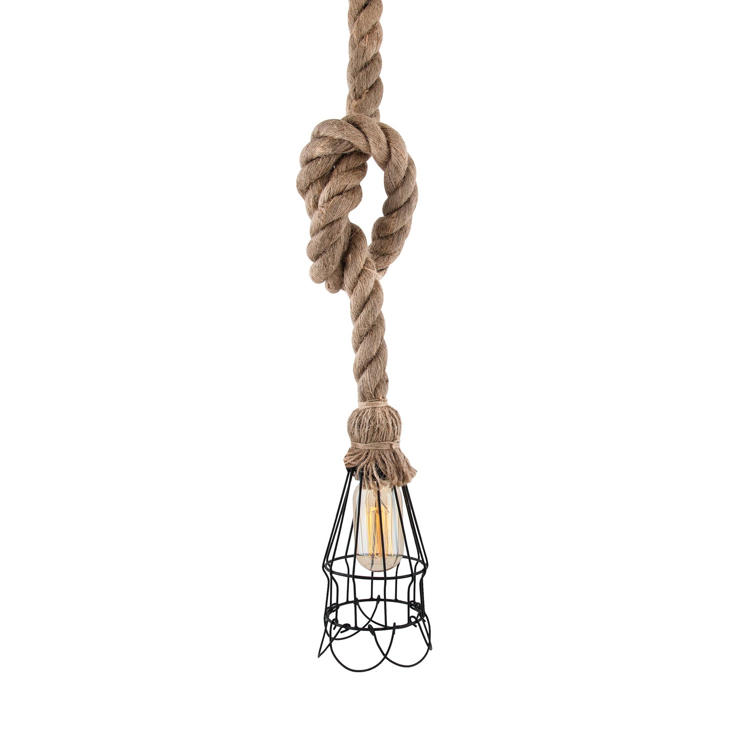 Rustic Hanging Rope filament lamp with cage, retro pendant light, with filament bulb T45