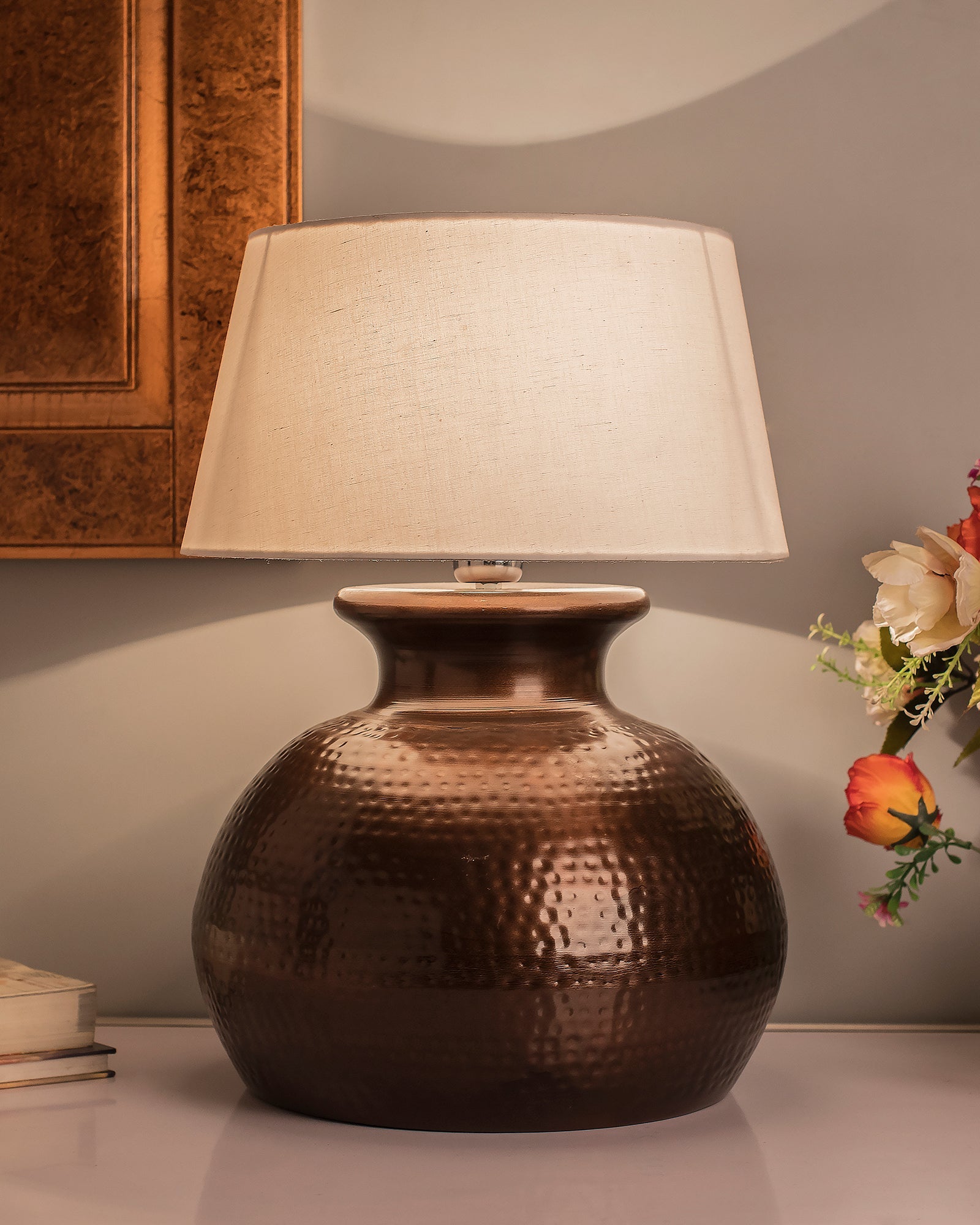 Antique Copper Hammered Pitcher Table Lamp with Shade