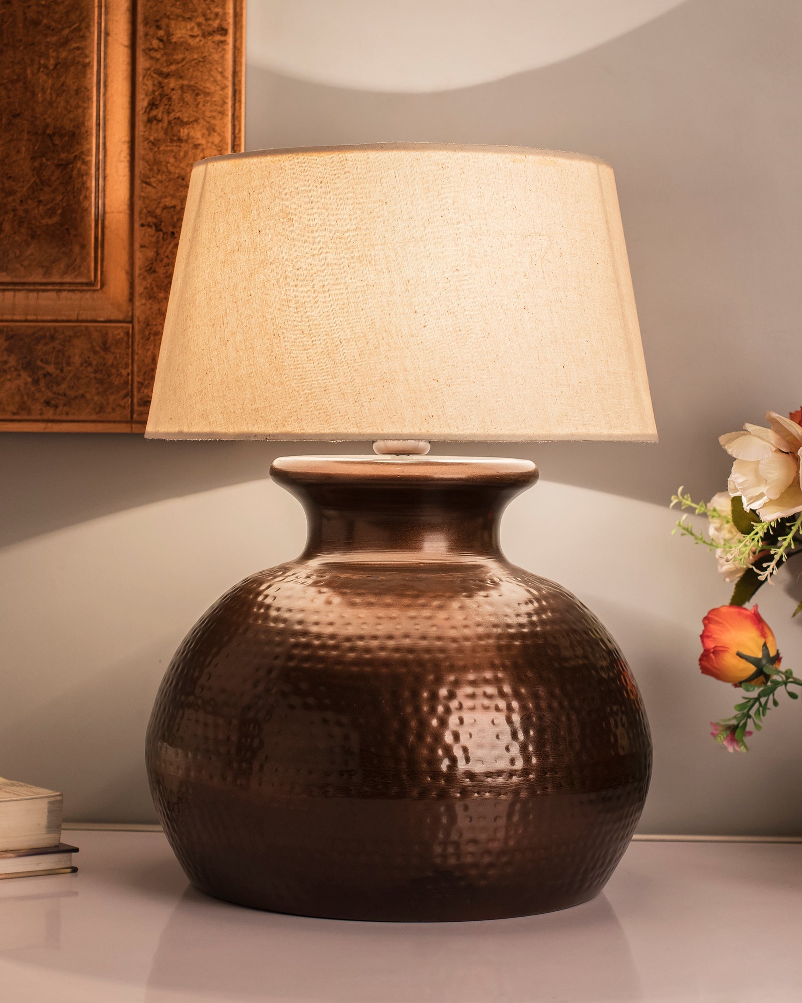 Antique Copper Hammered Pitcher Table Lamp with Shade