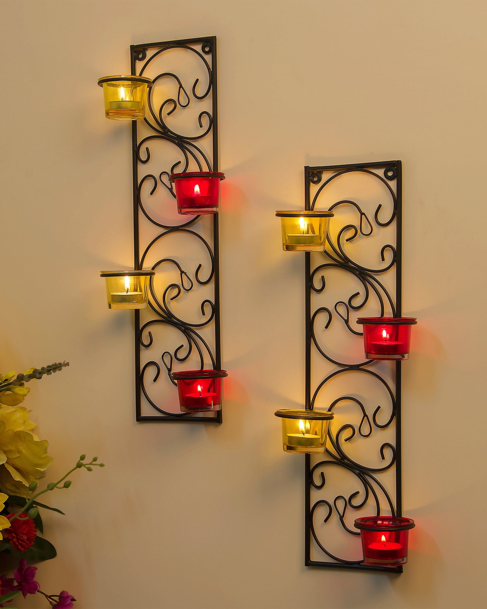 Wall Hanging Twisted Petals Tea Light Candle Diya Holders, Set of 2,Candle holder