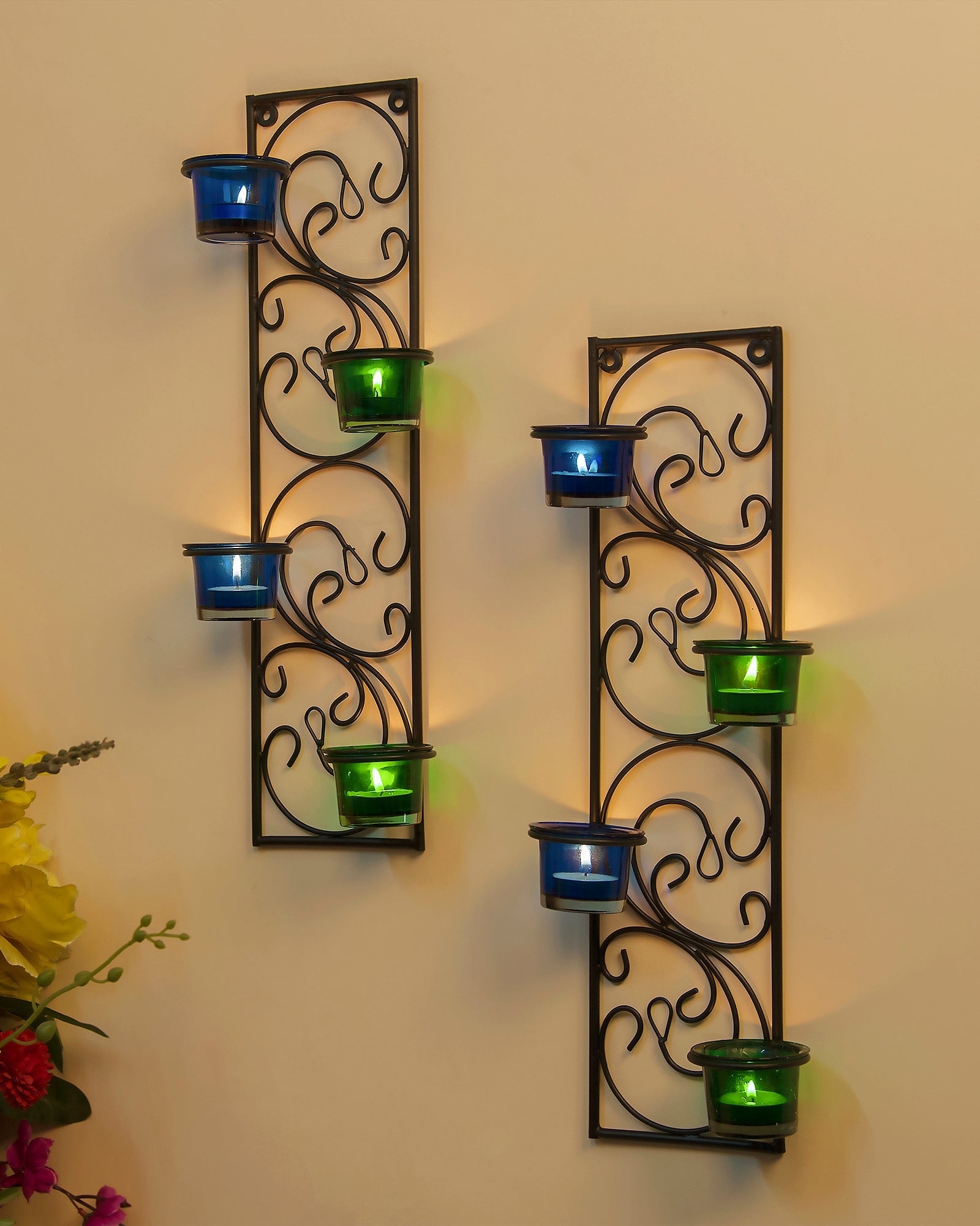 Wall Hanging Twisted Petals Tea Light Candle Diya Holders, Set of 2,Candle holder