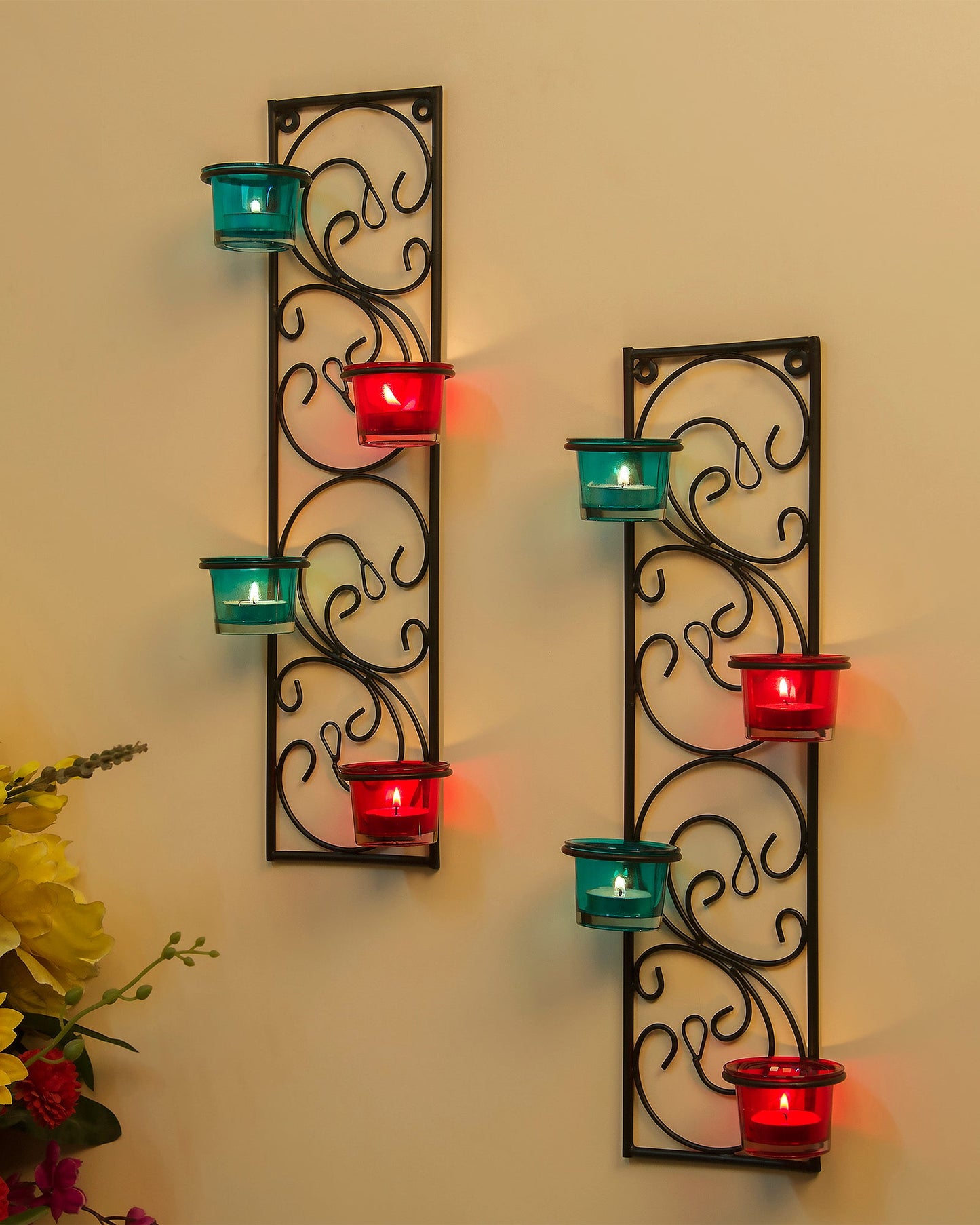 Wall Hanging Twisted Petals Tea Light Candle Diya Holders, Set of 2,Candle holder