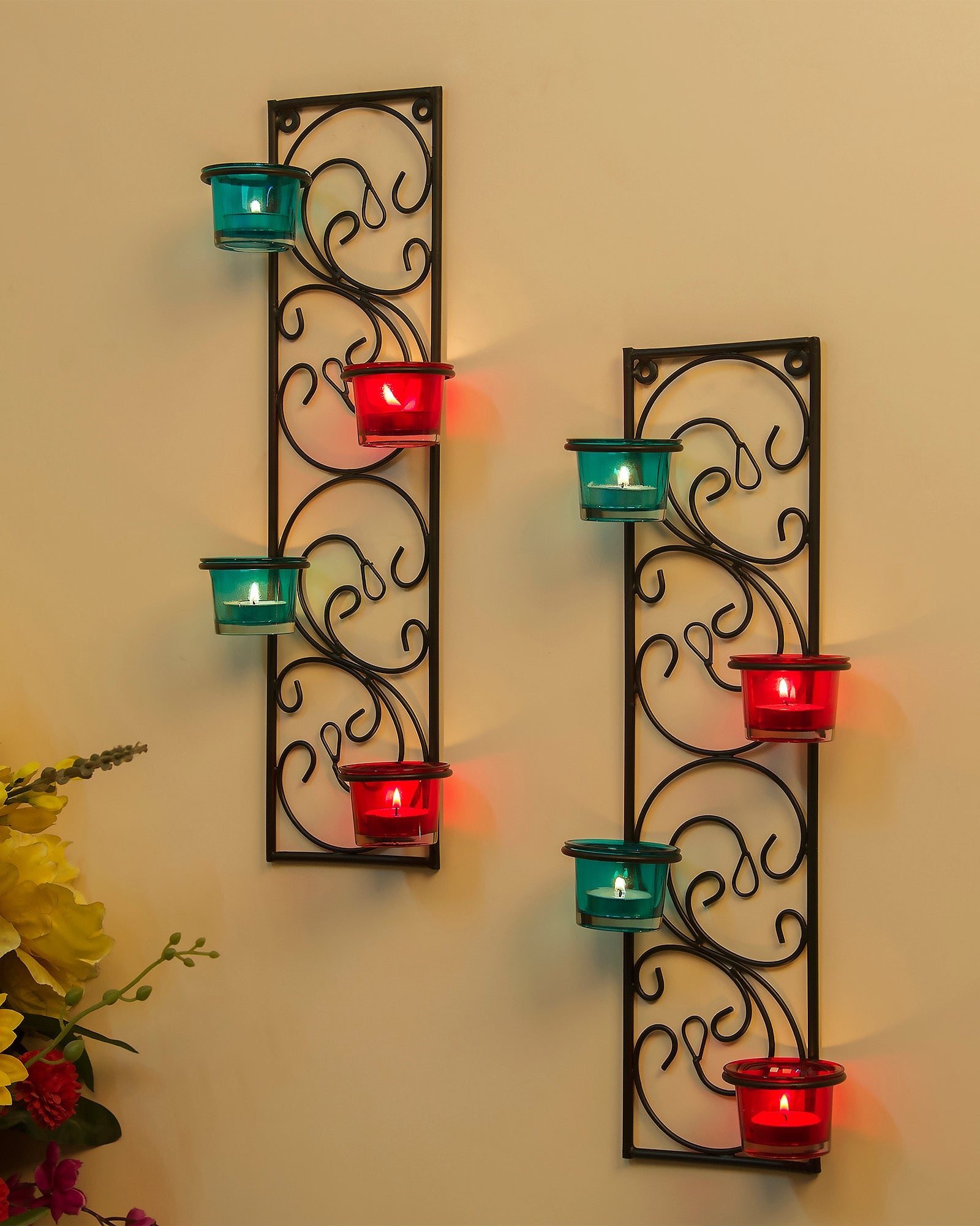 Wall Hanging Twisted Petals Tea Light Candle Diya Holders, Set of 2,Candle holder