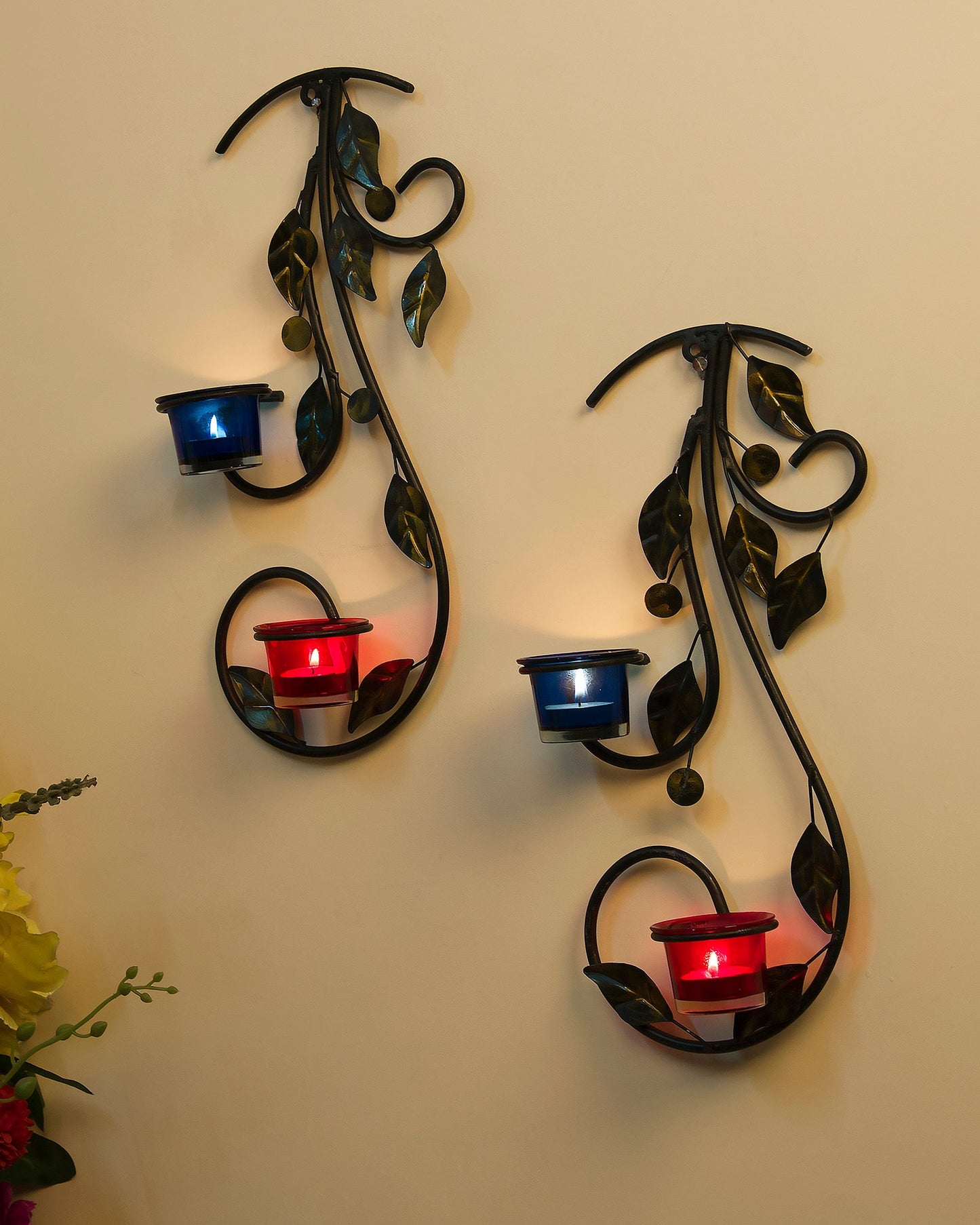 Wall Hanging leafy vine candle stand, Wall Sconce with Glass and candles