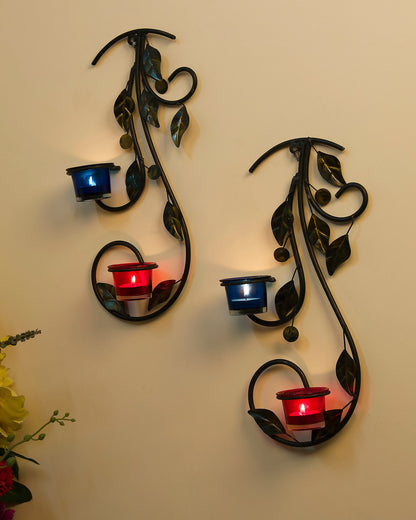 Wall Hanging leafy vine candle stand, Wall Sconce with Glass and candles