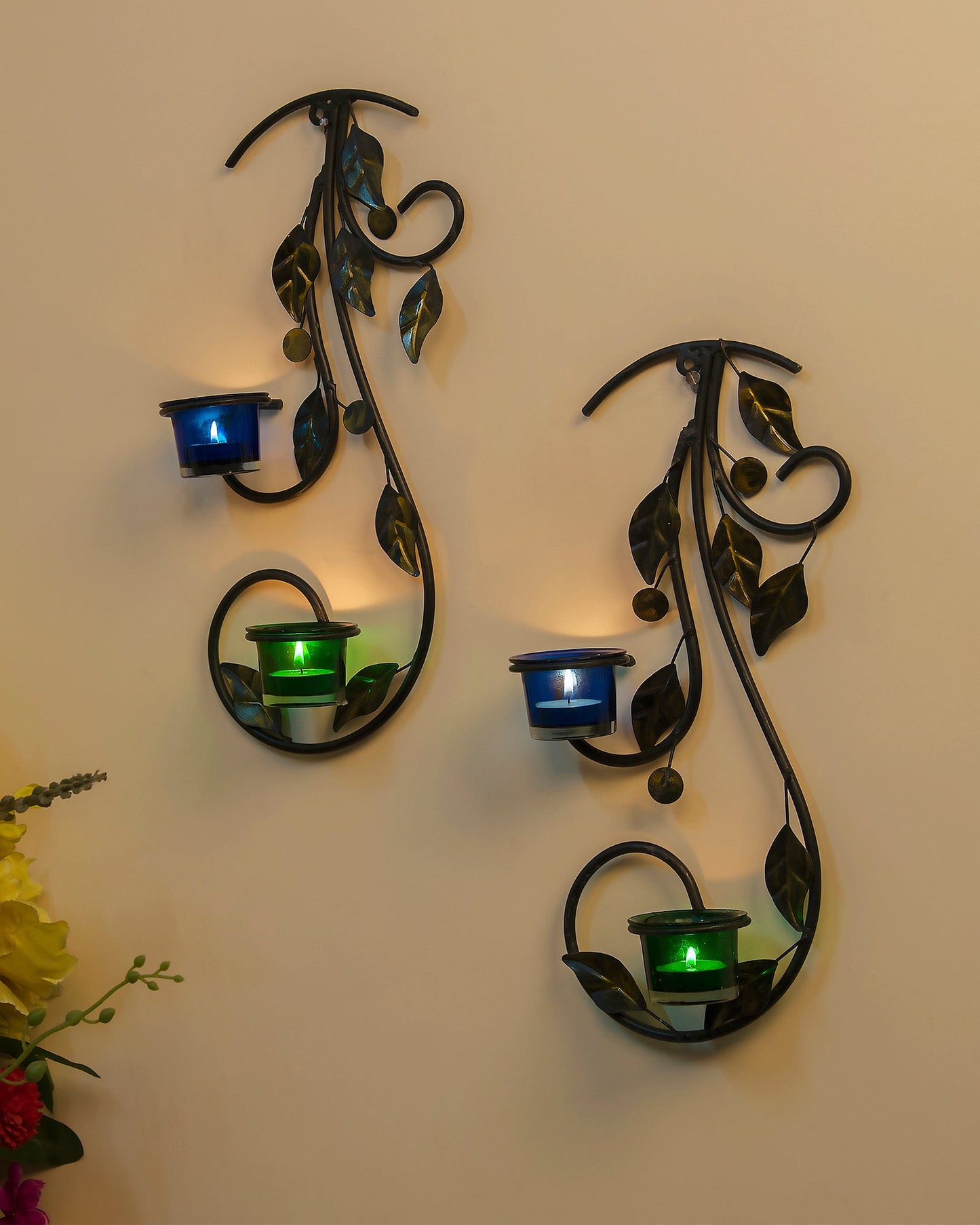 Wall Hanging leafy vine candle stand, Wall Sconce with Glass and candles