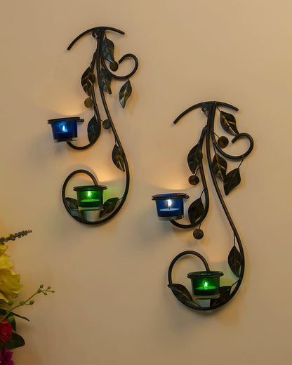 Wall Hanging leafy vine candle stand, Wall Sconce with Glass and candles