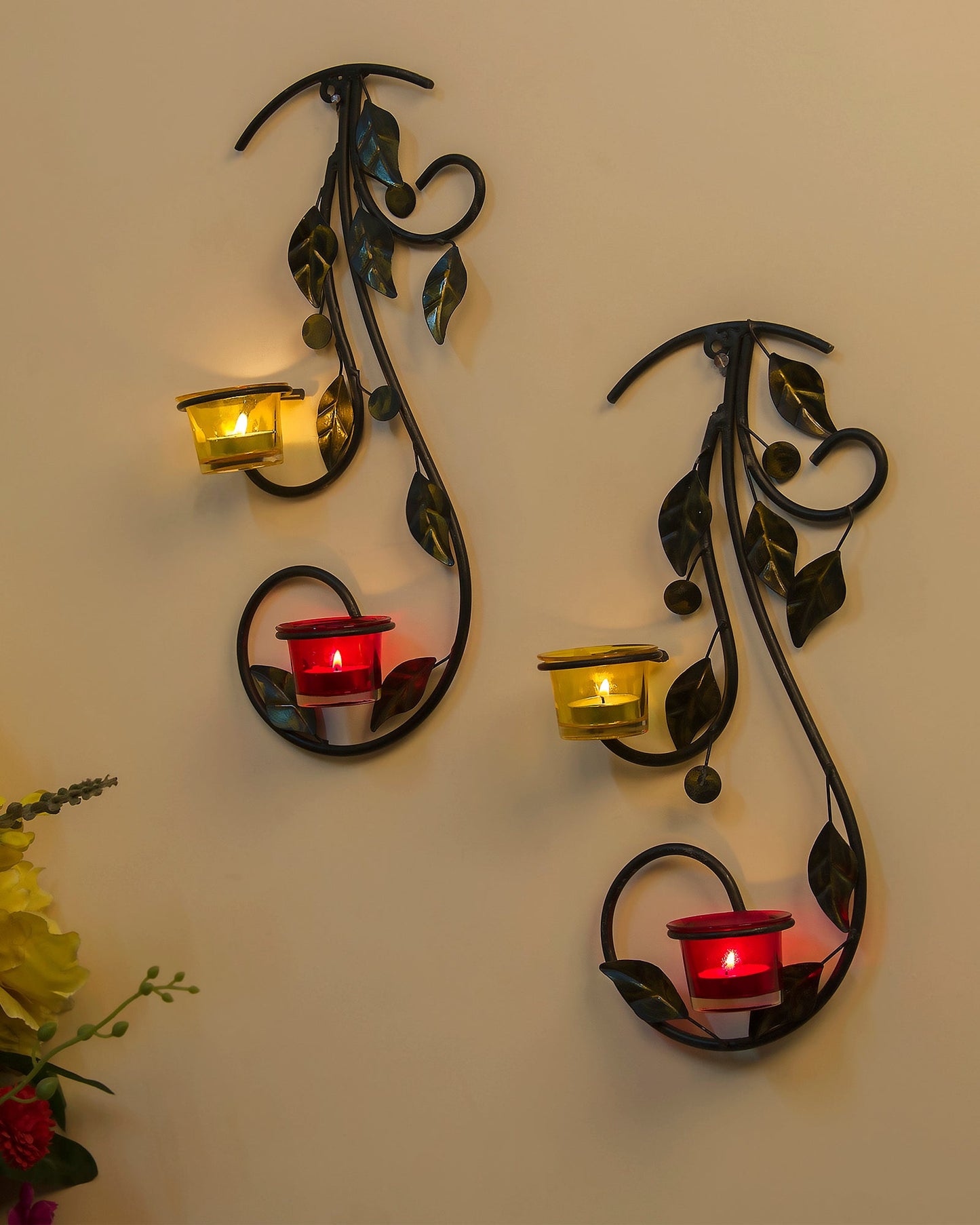 Wall Hanging leafy vine candle stand, Wall Sconce with Glass and candles