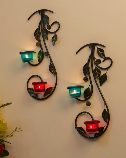 Wall Hanging leafy vine candle stand, Wall Sconce with Glass and candles