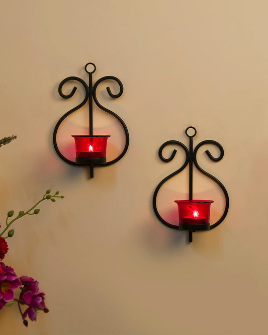 Set of 2 Decorative Wall Sconce/Candle Holder With Glass and Free T-light Candles