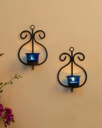 Set of 2 Decorative Wall Sconce/Candle Holder With Glass and Free T-light Candles