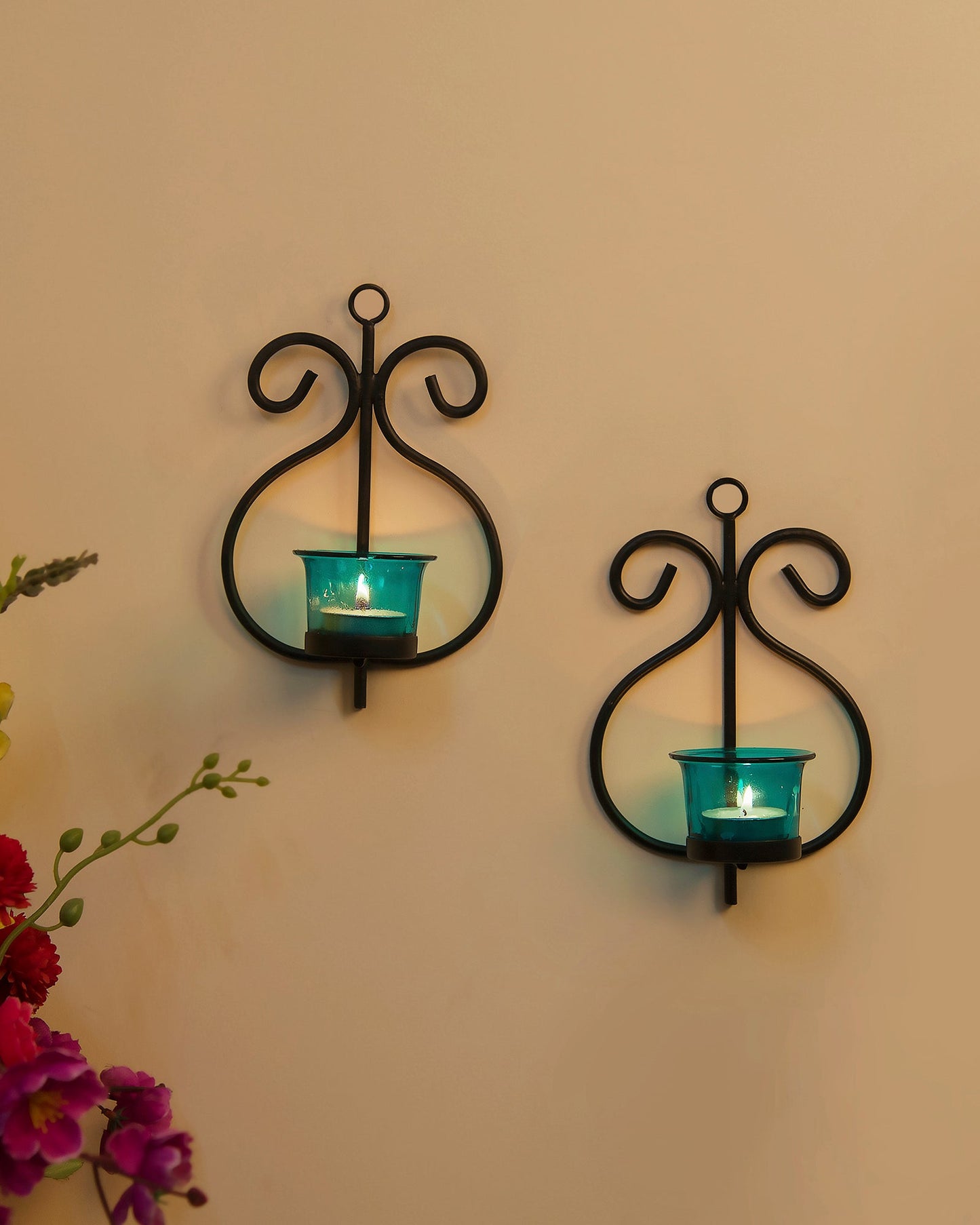 Set of 2 Decorative Wall Sconce/Candle Holder With Glass and Free T-light Candles