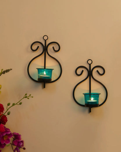 Set of 2 Decorative Wall Sconce/Candle Holder With Glass and Free T-light Candles