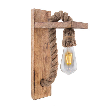 Rope Wall Lamp with Wooden Stand, E27 Holder with LED Filament Bulb, Decorative, Urban Retro Style, Antique Wood