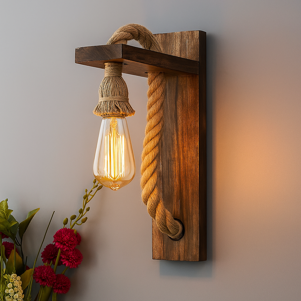 Rope Wall Lamp with Wooden Stand, E27 Holder with LED Filament Bulb, Decorative, Urban Retro Style, Antique Wood