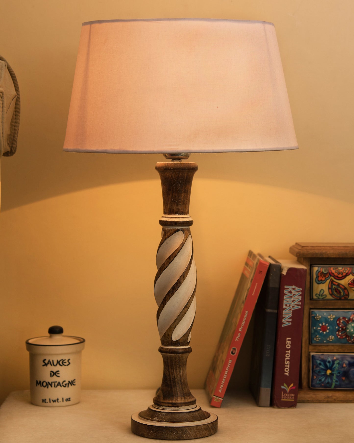 Antique White Twister wooden table lamp with shade