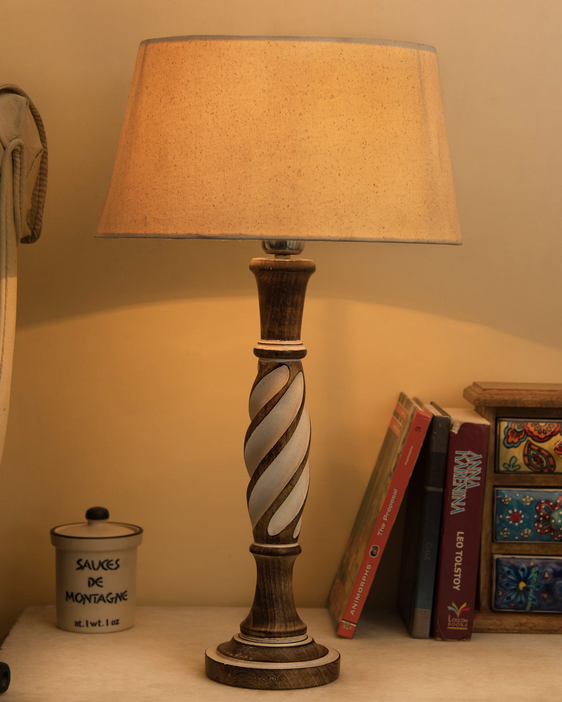 Antique White Twister wooden table lamp with shade