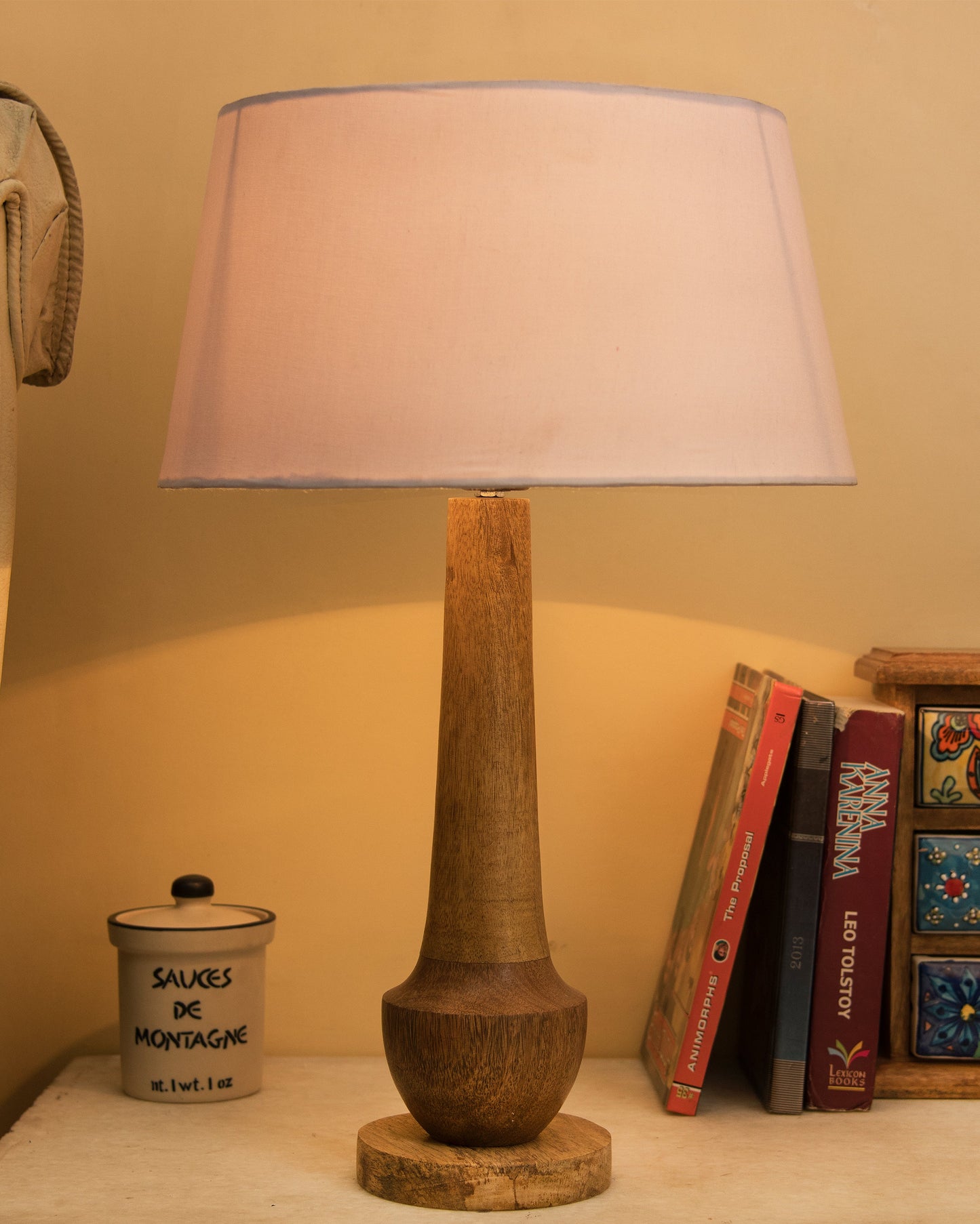 Classic Cubist Wooden Table lamp, with shade