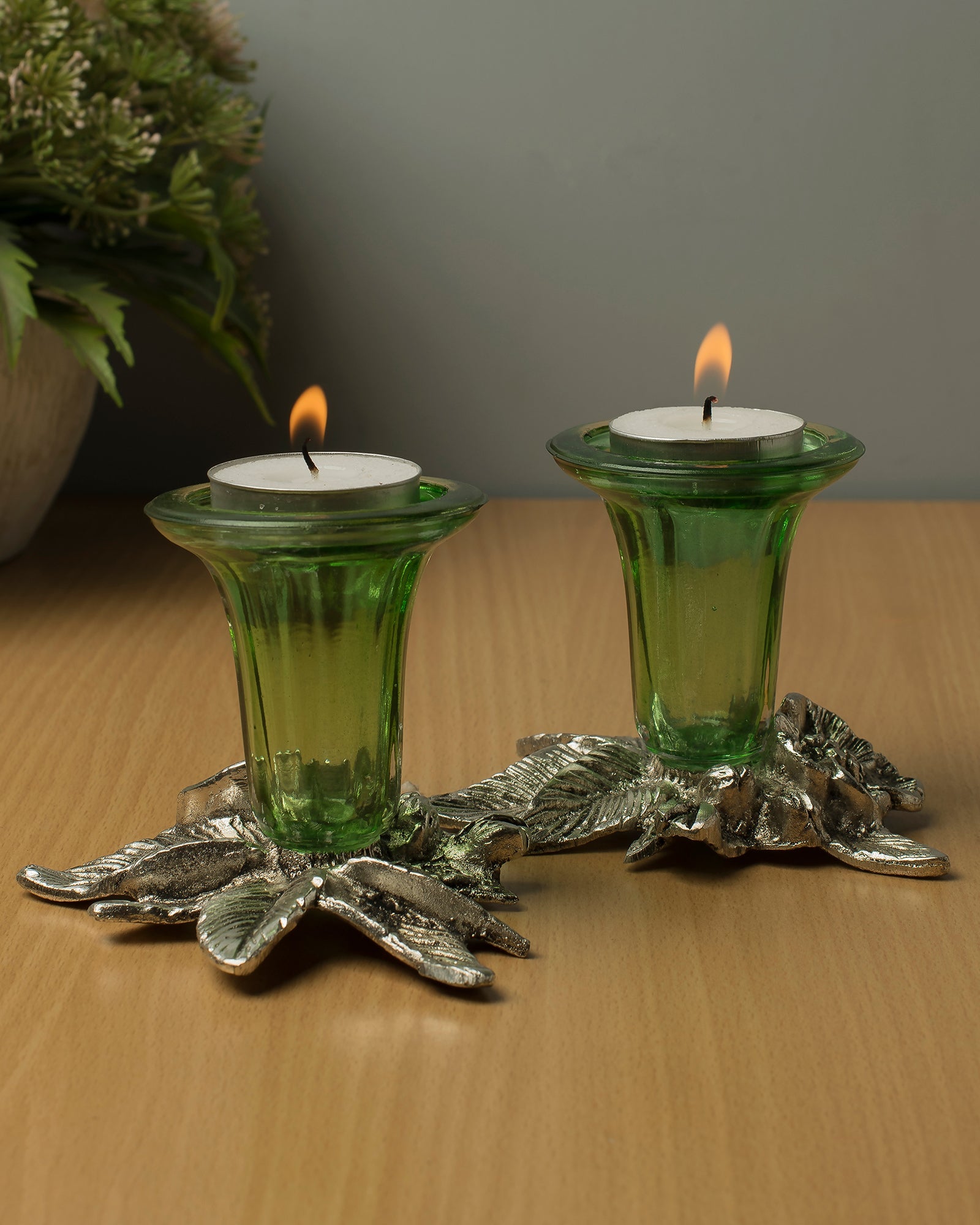 Antique Silver Candle Stand Grapevine, Diya Holder, Set of 2