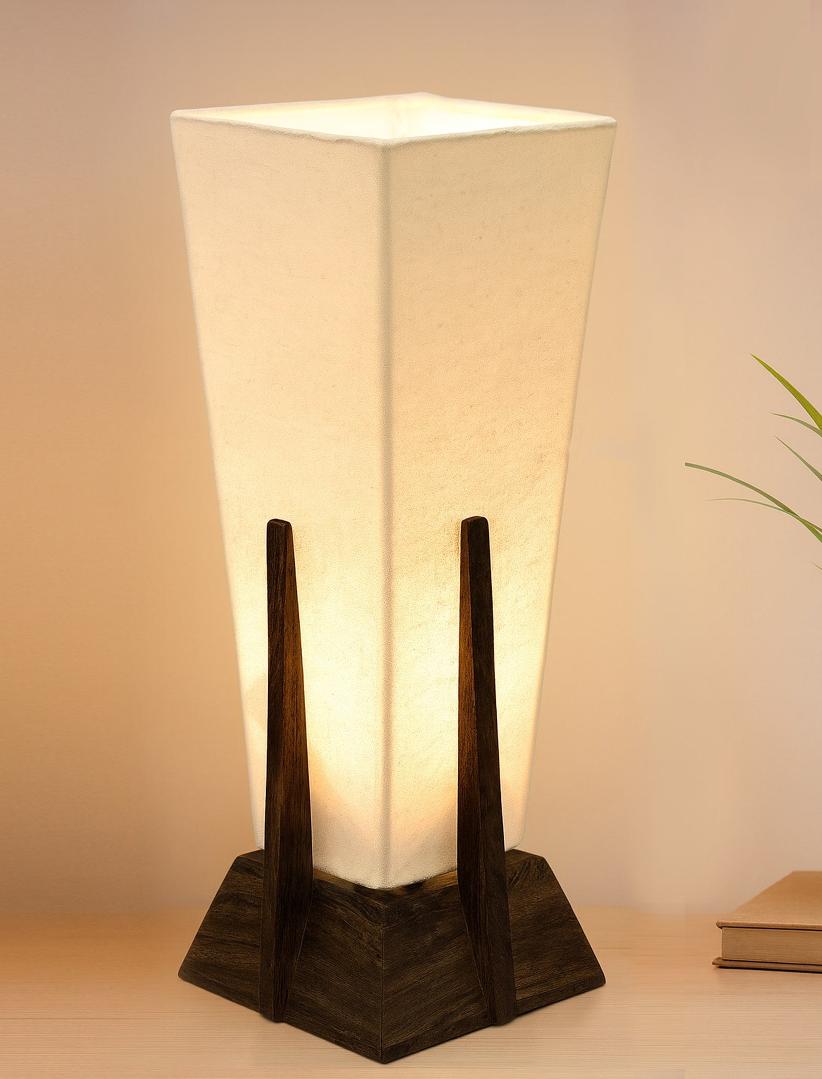 Bedside Table Lamp, Retro Style Wood Pyramid Table Lamp With Khadi Fabric Shade, Nightstand Mini Desk Lamps For Bedroom, Living Room, Baby Room, Bookcase