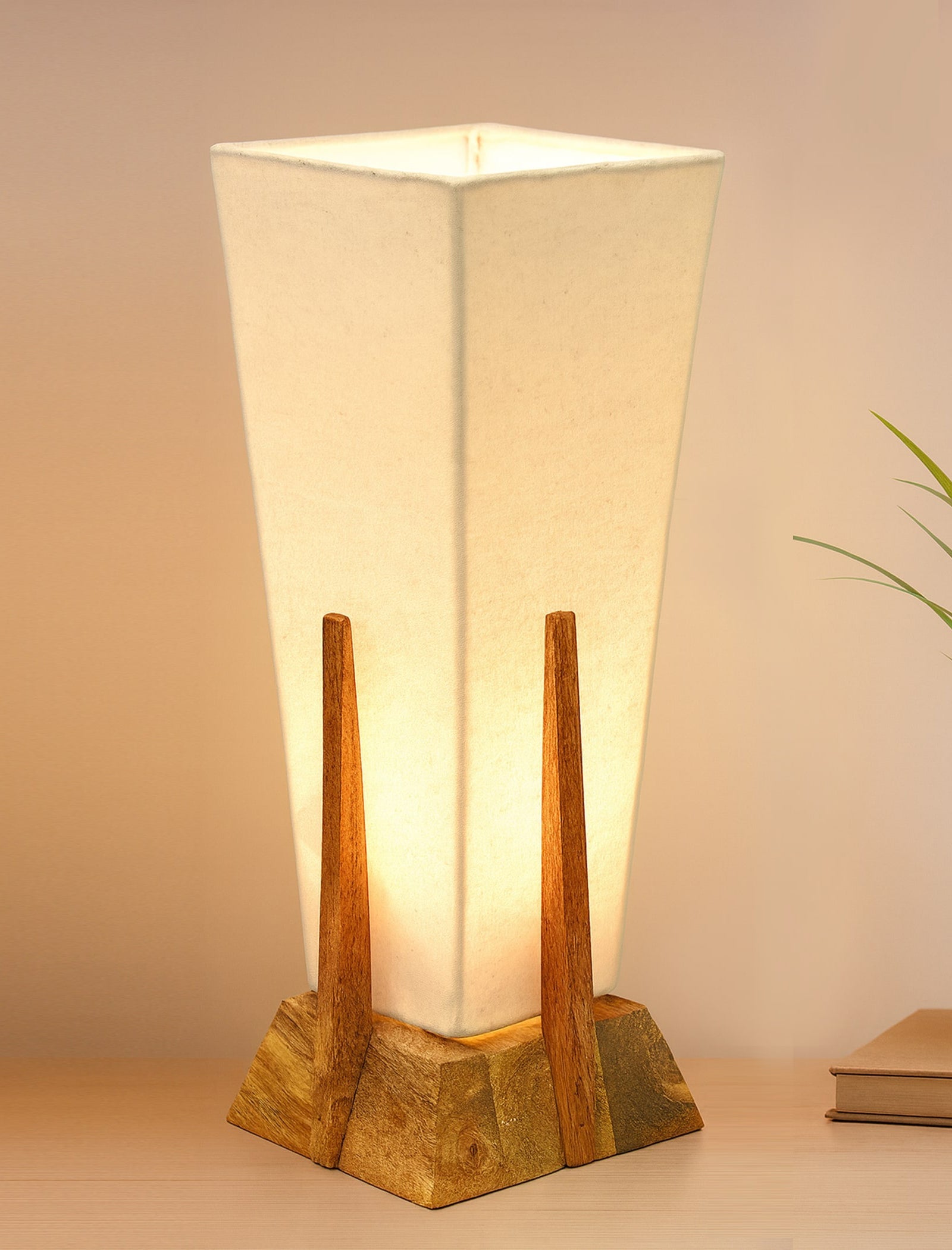 Bedside Table Lamp, Retro Style Wood Pyramid Table Lamp With Khadi Fabric Shade, Nightstand Mini Desk Lamps For Bedroom, Living Room, Baby Room, Bookcase