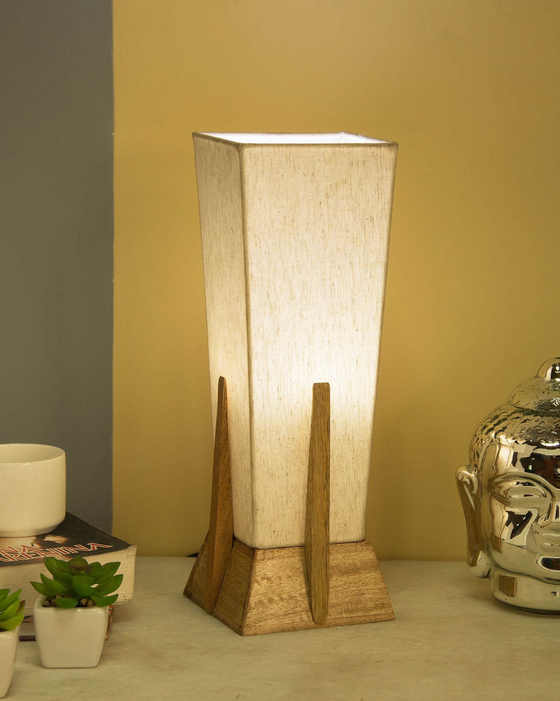 Bedside Table Lamp, Retro Style Wood Pyramid Table Lamp With Khadi Fabric Shade, Nightstand Mini Desk Lamps For Bedroom, Living Room, Baby Room, Bookcase