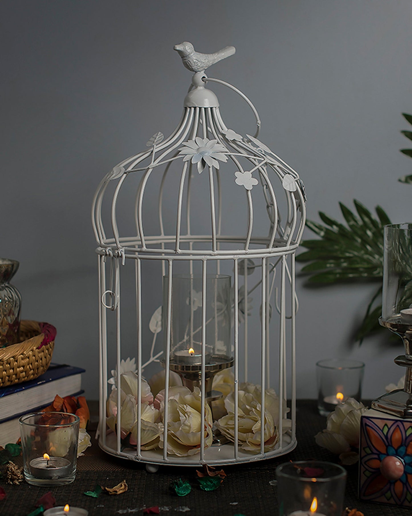 Bird Cage with Floral Vine Large Single, with hanging chain