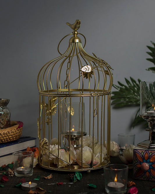 Bird Cage with Floral Vine Large Single, with hanging chain