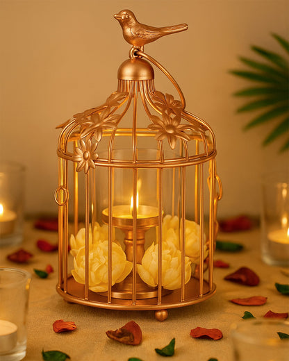 Bird Cage with Floral Vine Small Single, with hanging chain