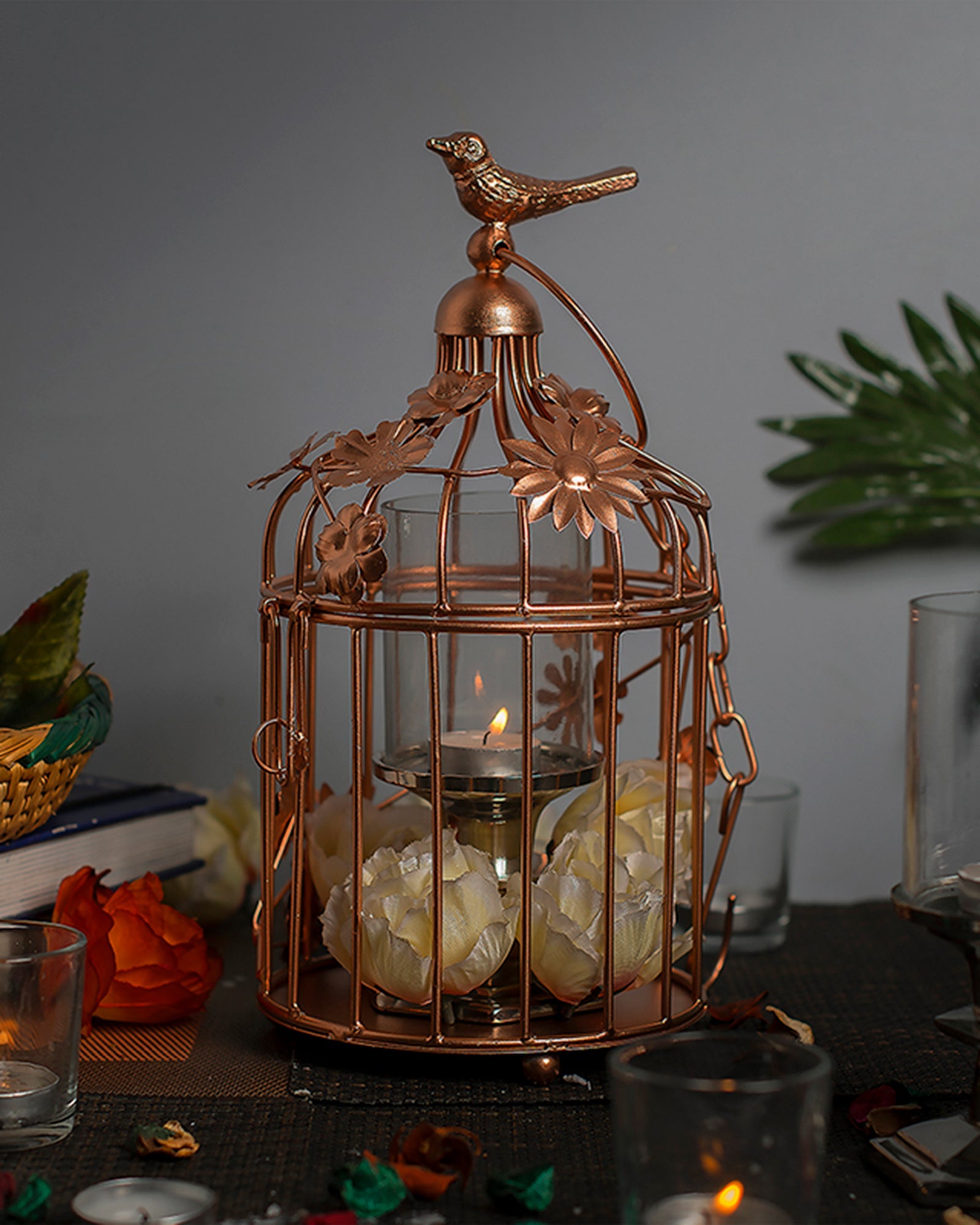 Bird Cage with Floral Vine Small Single, with hanging chain