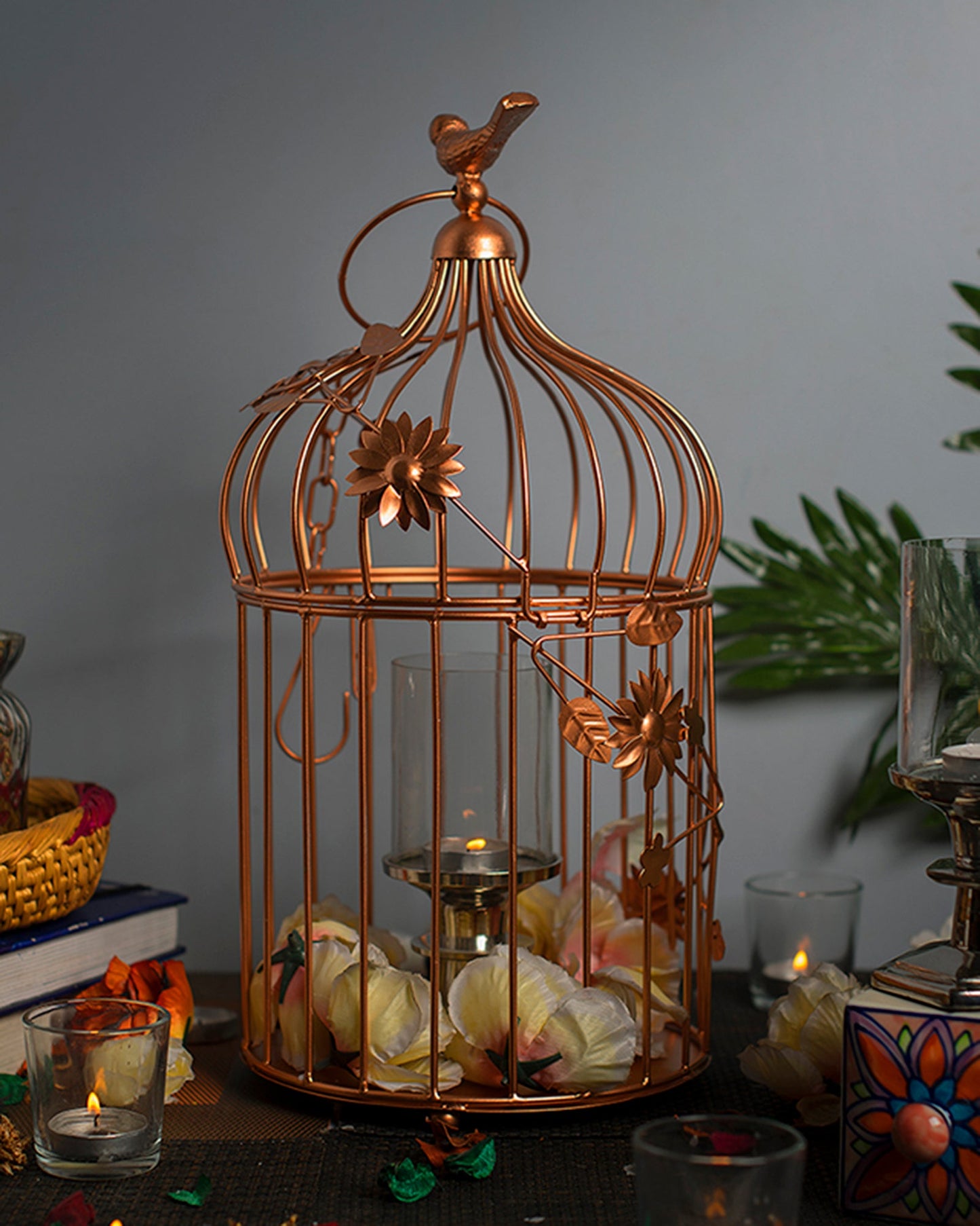 Bird Cage with Floral Vine Large Single, with hanging chain