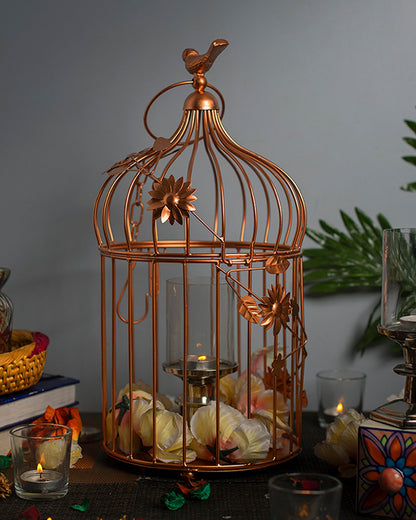 Bird Cage with Floral Vine Large Single, with hanging chain
