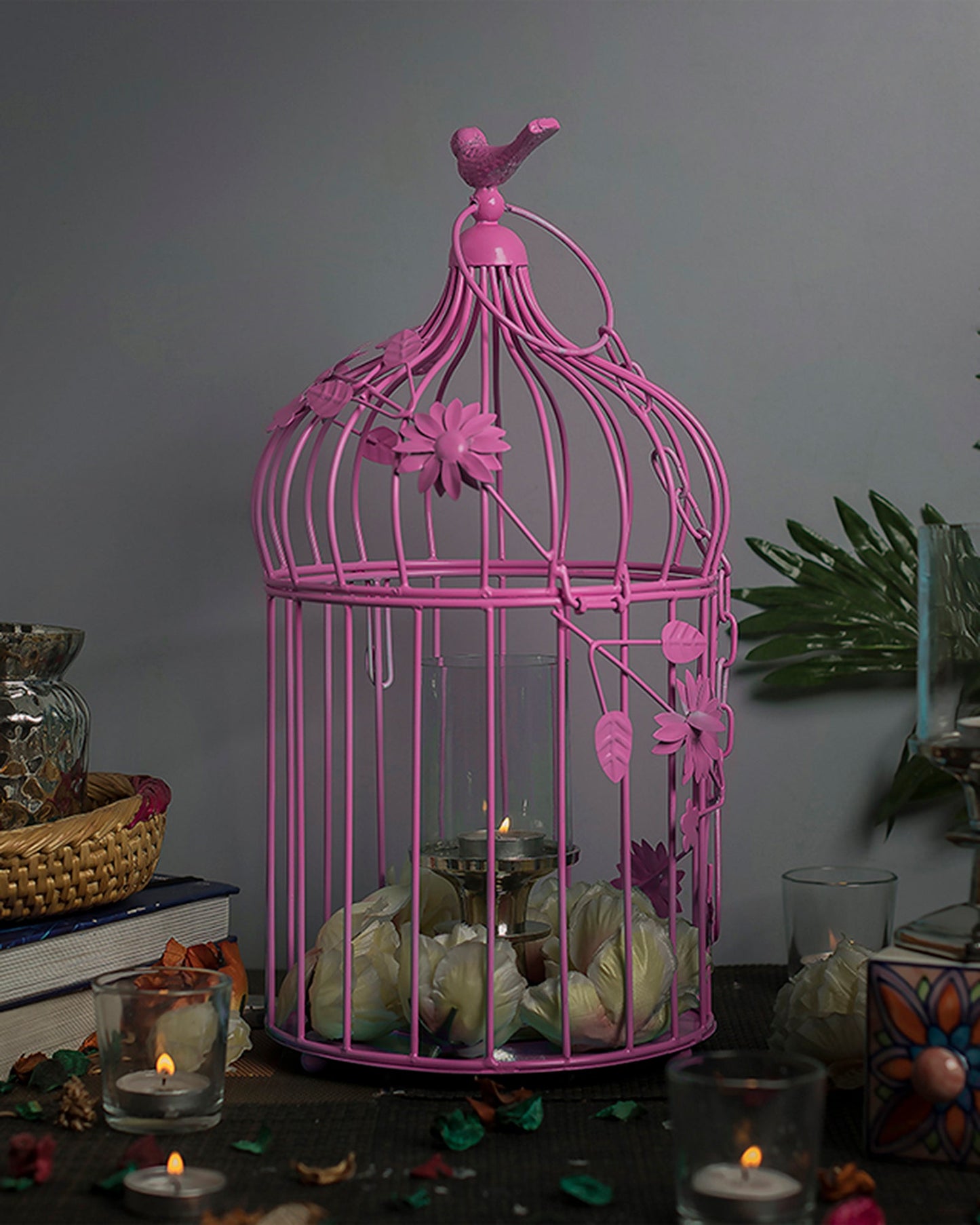 Bird Cage with Floral Vine Large Single, with hanging chain