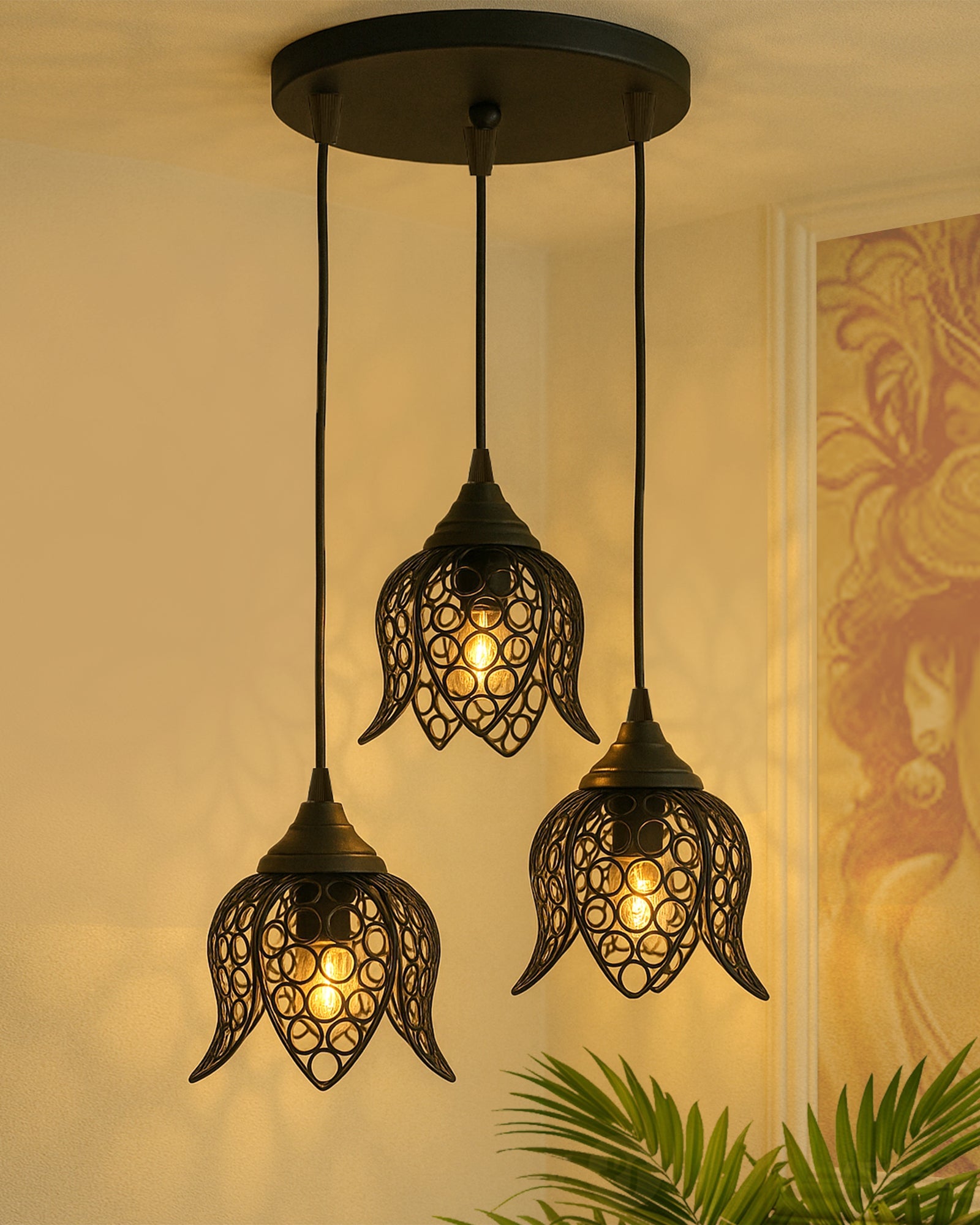 3-lights Cluster Chandelier Black Lotus Hanging Pendant Light with Braided Cord