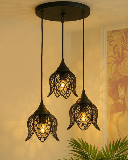 3-lights Cluster Chandelier Black Lotus Hanging Pendant Light with Braided Cord