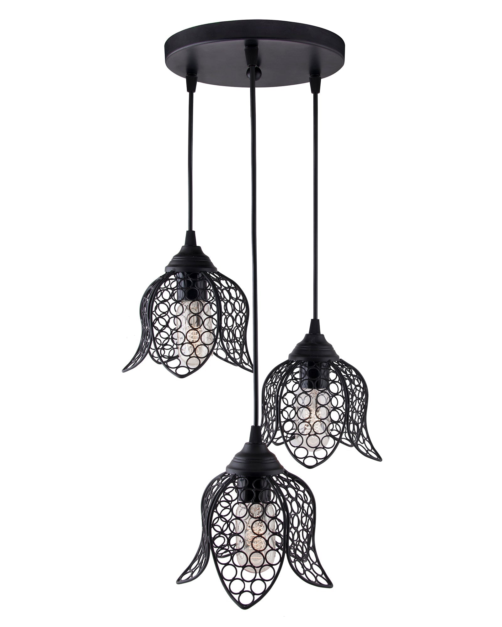 3-lights Cluster Chandelier Black Lotus Hanging Pendant Light with Braided Cord