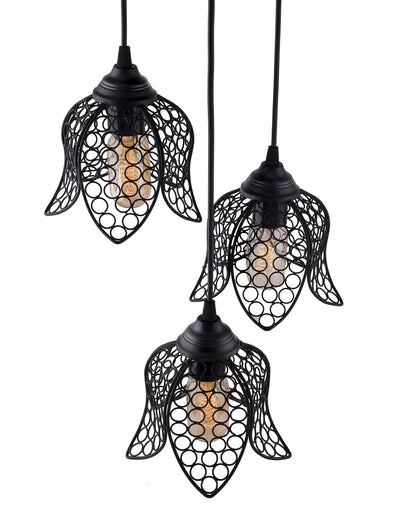3-lights Cluster Chandelier Black Lotus Hanging Pendant Light with Braided Cord