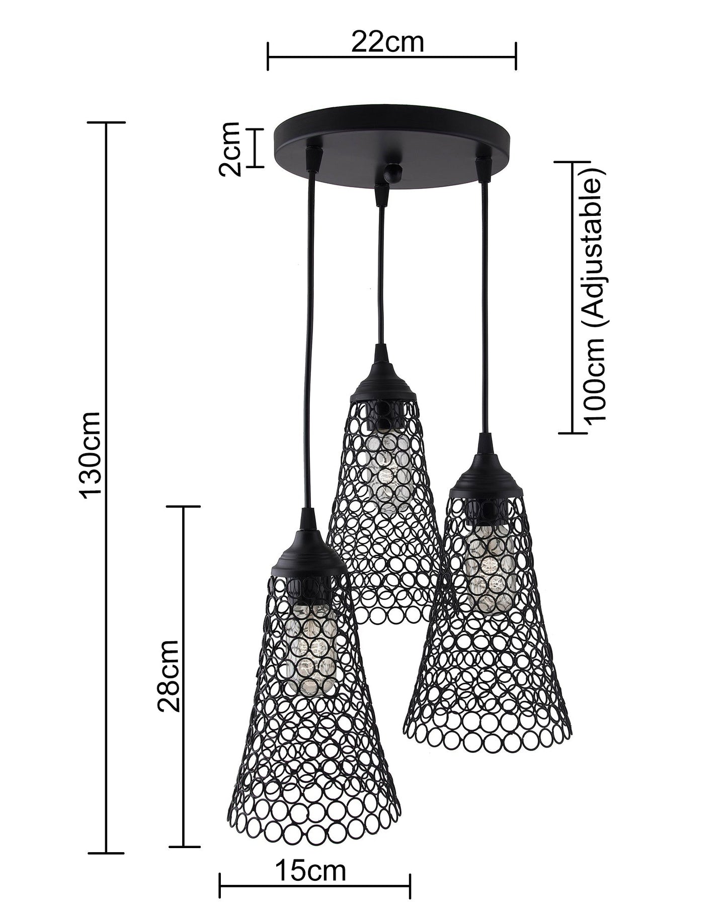 3-lights Round Cluster Chandelier Cone Hanging Pendant Light with Braided Cord