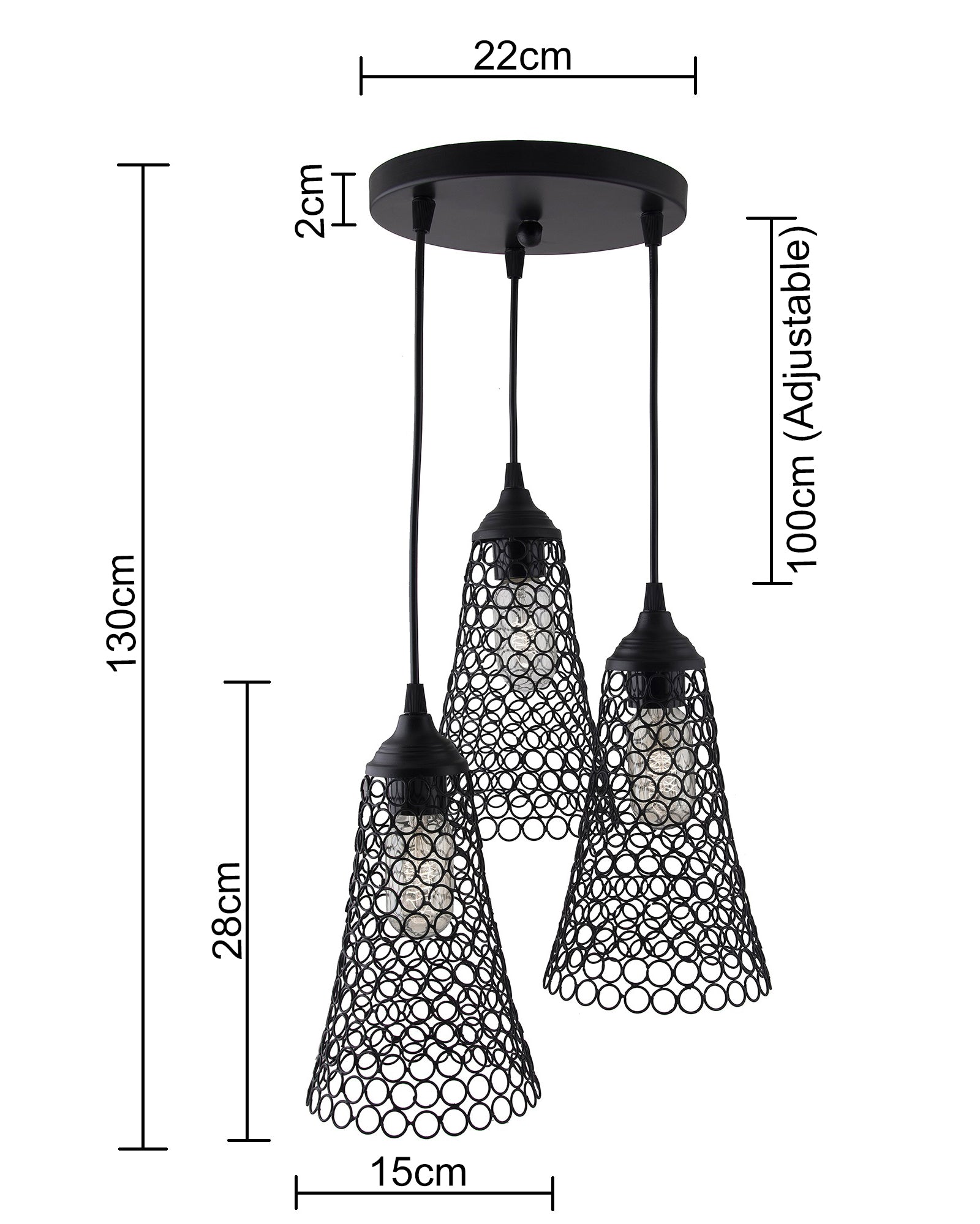 3-lights Round Cluster Chandelier Cone Hanging Pendant Light with Braided Cord