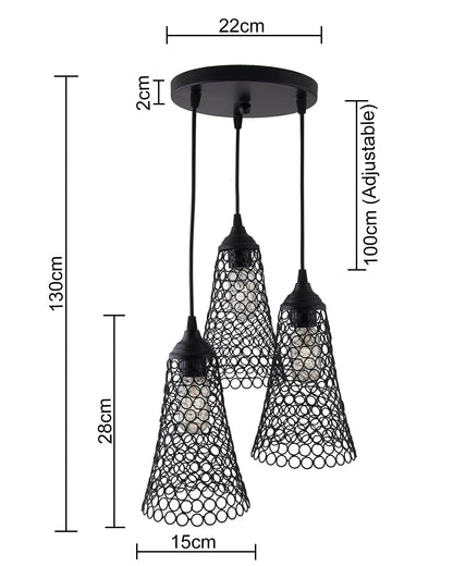 3-lights Round Cluster Chandelier Cone Hanging Pendant Light with Braided Cord