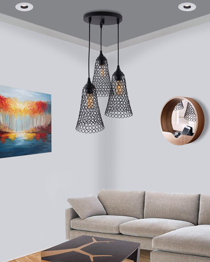 3-lights Round Cluster Chandelier Cone Hanging Pendant Light with Braided Cord