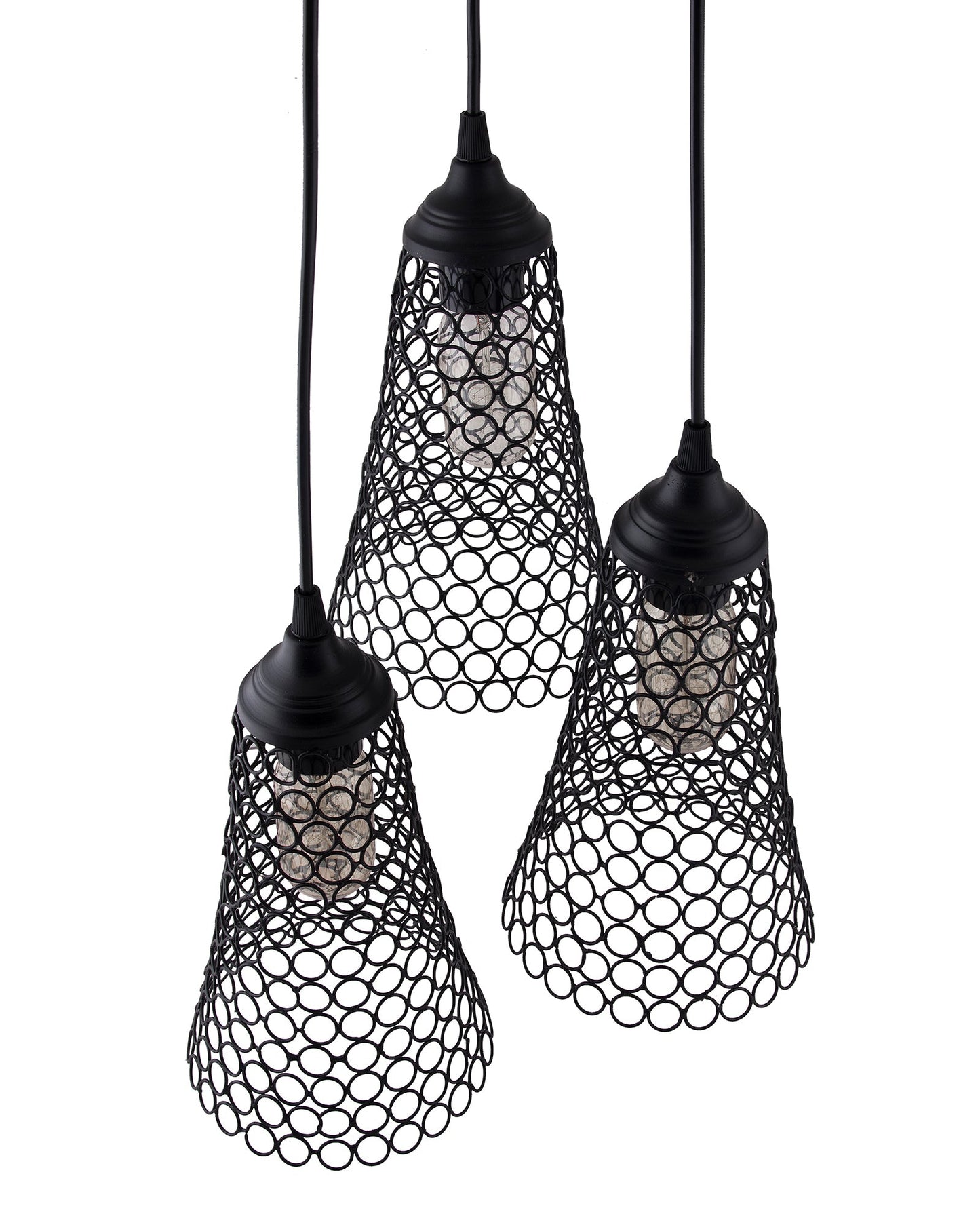 3-lights Round Cluster Chandelier Cone Hanging Pendant Light with Braided Cord