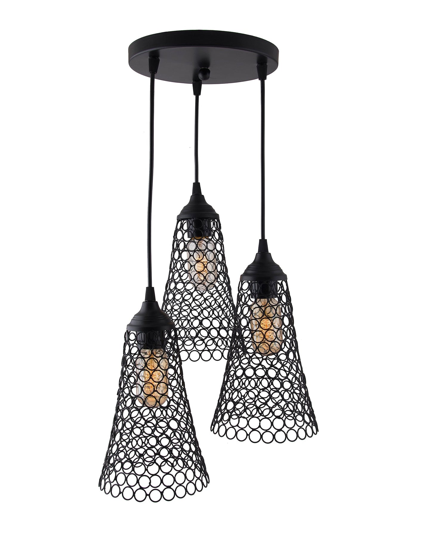 3-lights Round Cluster Chandelier Cone Hanging Pendant Light with Braided Cord