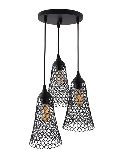 3-lights Round Cluster Chandelier Cone Hanging Pendant Light with Braided Cord