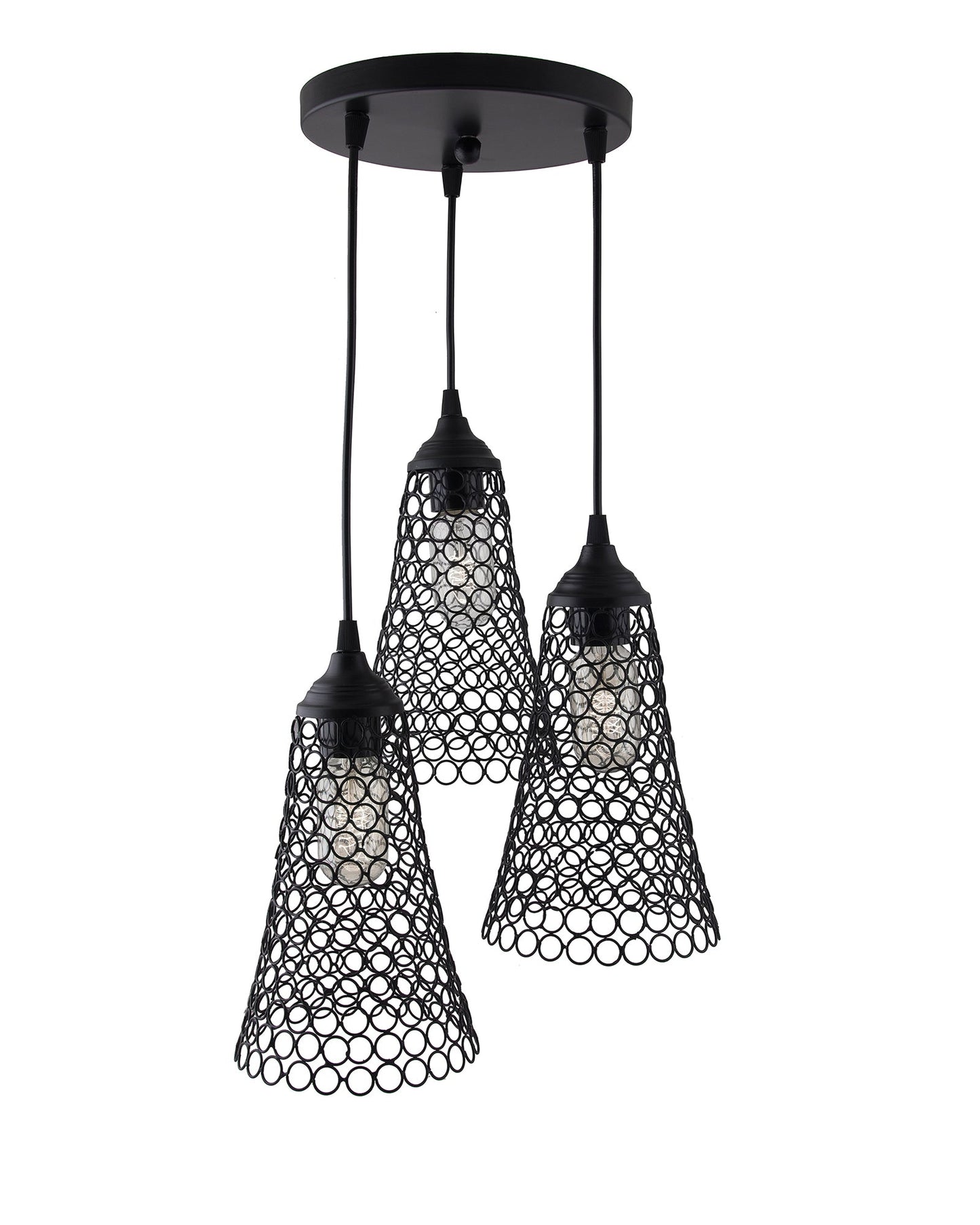 3-lights Round Cluster Chandelier Cone Hanging Pendant Light with Braided Cord